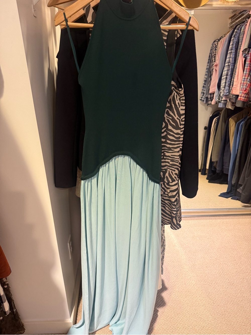 SOLID & STRIPED Dark Green and Light Blue Asymmetrical Maxi Dress